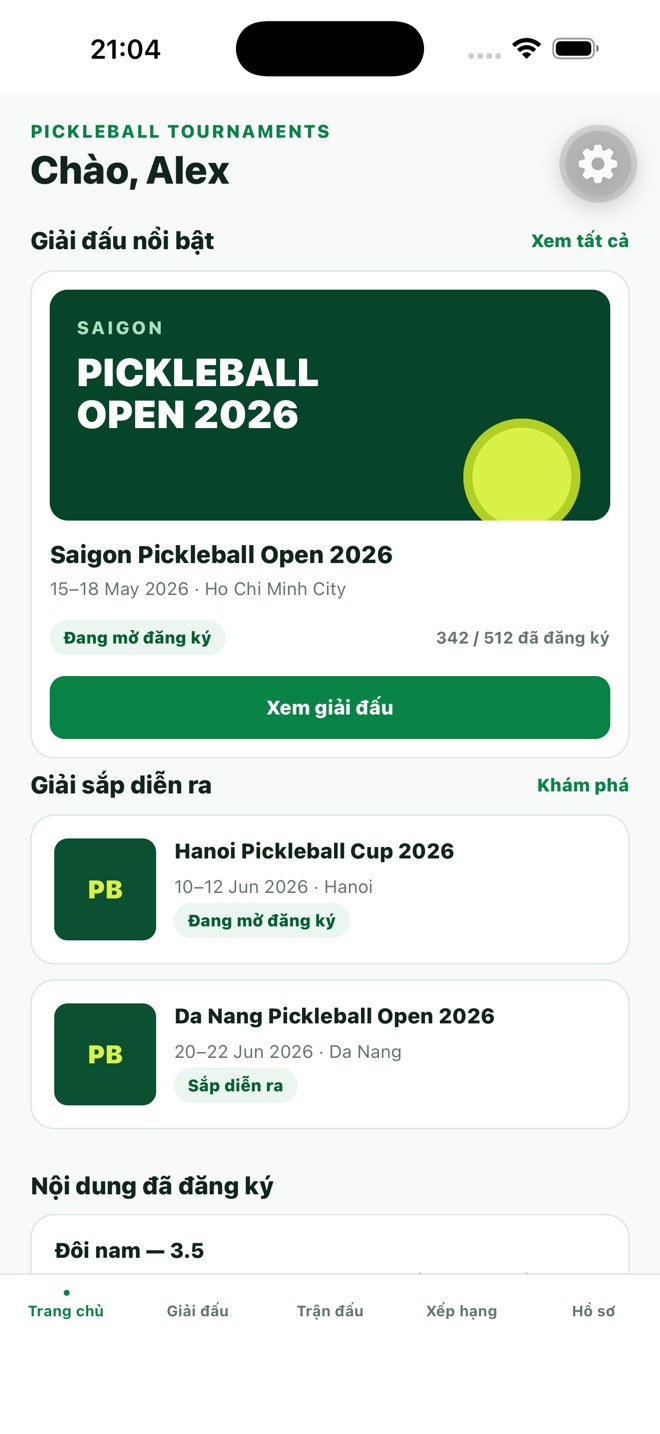 Màn hình khám phá giải đấu xPickleball